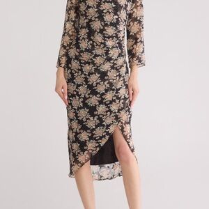 Lush Tan and Black Asymmetrical Wrap Dress with Bishop Sleeves